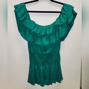 Susie Rose Women Off Shoulder Cap Sleeves Plain Top, Green medium stretch